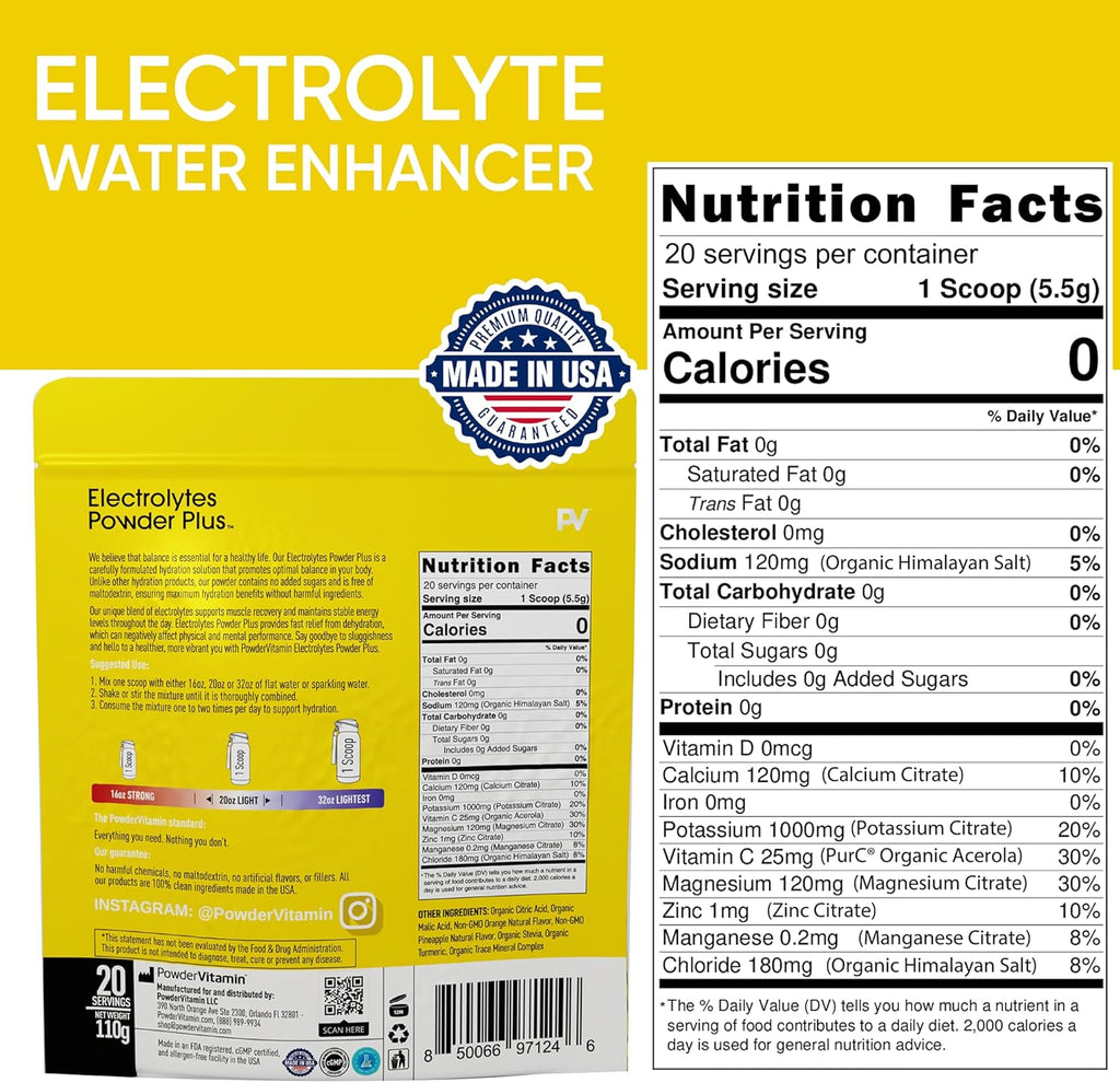 PowderVitamin Electrolytes Powder Plus (20 Servings) Orange Pineapple Electrolyte Powder Zero Calorie Keto,0 Sugar, No Maltodextrin,1000mg Potassium,120mg Calcium,120mg Magnesium, Pink Himalayan Salt