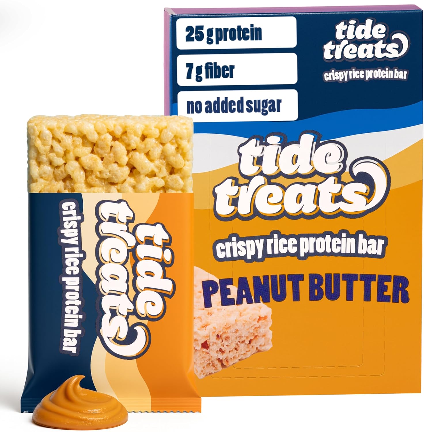 Crispy Rice Protein Treat Peanut Butter Bar | 25 g Protein, No Added Sugar, 7 g Fiber, Gluten Free | High Protein Snack for On-the-Go, Post-Workout or Dessert Cravings | 8 Count | TideTreats