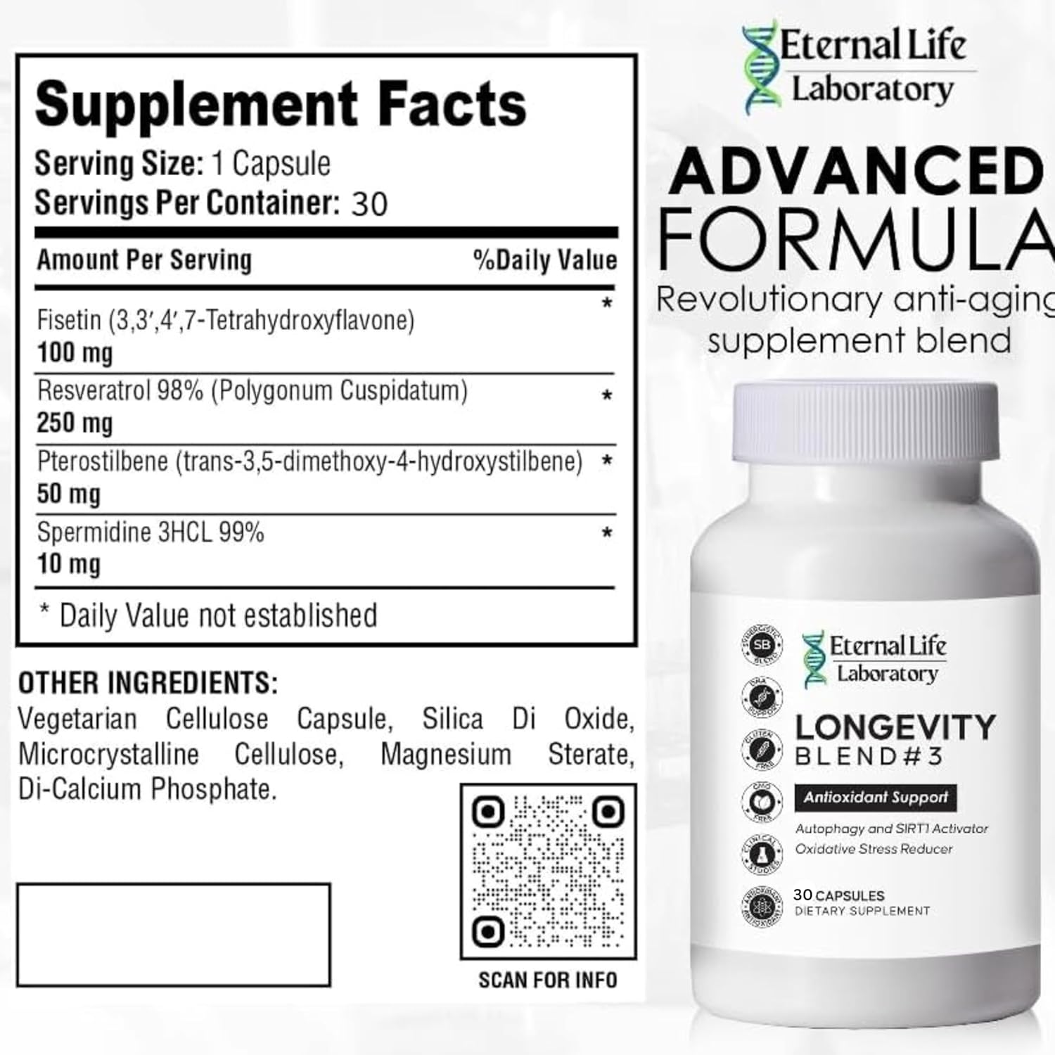 Longevity Blend #3 - Resveratrol 98% with Fisetin Pterostilbene Spermidine, Anti Aging, Oxidative Stress Reducer, Antioxidant Supplement, AMPK Activator