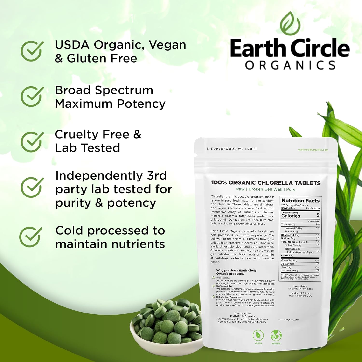 Organic Chlorella Tablets 1,000 Count | High Potency Superfood | Chlorophyll Pills from 100% Pure Green Algae | Broken Cell Wall for Max Absorption | Vegan, Kosher, Non-GMO | 4 Tabs per Day (2-Pack)