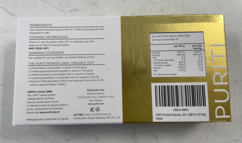 PURITI Premium Manuka Honey Lozenges High Potency - Sugar Free Drops | Genuine New Zealand Raw Manuka Honey Soothers for Coughs & Sore Throats | UMF Certified MGO 400+ UMF12+ (16 Pack)