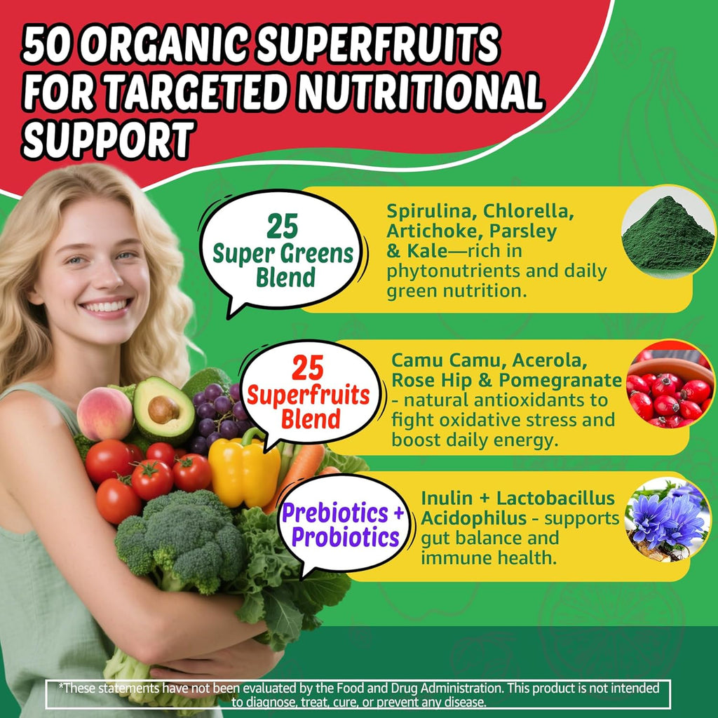 Superfood Fruits and Veggies Gummies w/Spirulina, Chlorella, Kale, Mushrooms, Prebiotics, Multi-Vitamins, 50+Greens, Fruit and Vegetable to Boost Immunity, Energy Levels & Gut Health Sugar Free 120Cts