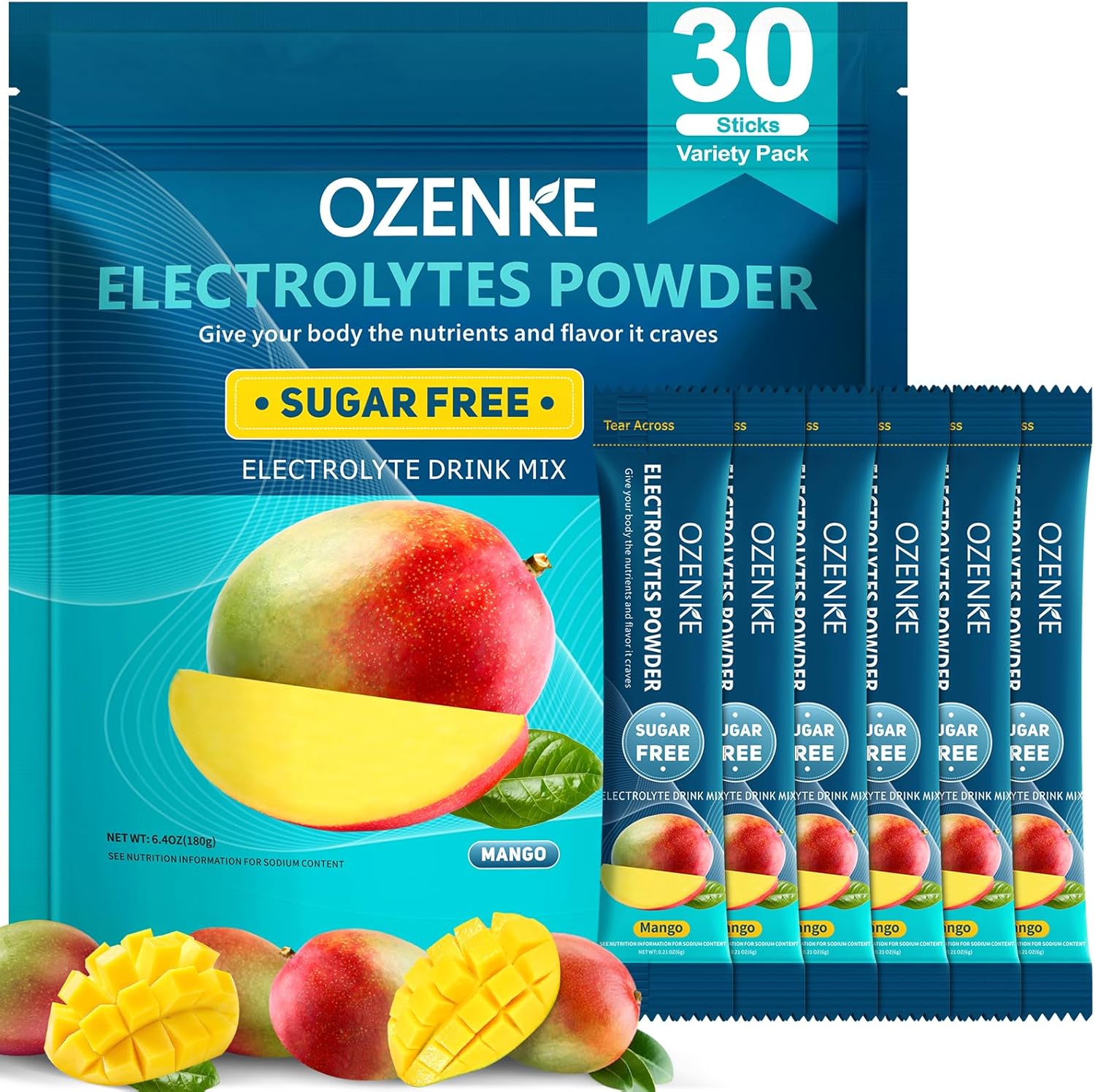 Electrolytes Powder Packets, 30 Sticks Hydration Packets Sugar Free, Electrolyte Drink Mix Portable Electrolyte Packets for Rapid Hydration, 0 Sugar & 0 Calorie, Mango Flavor