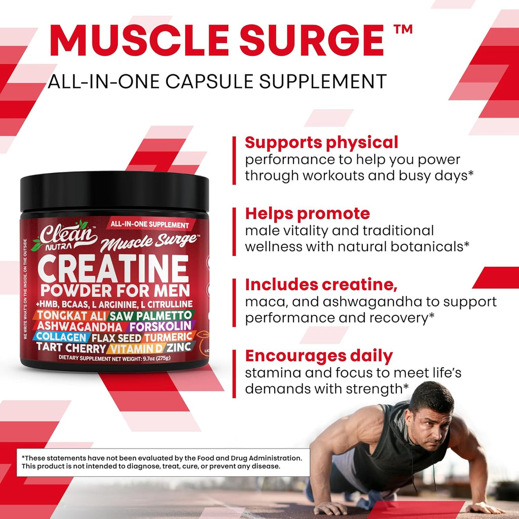 Clean Nutra Creatine Powder for Men + HMB BCAA L Arginine L Citrulline Tongkat Ali Saw Palmetto Ashwagandha Collagen Flax Seed Turmeric Preworkout Stevia Nitric Oxide L Glutamine Amino Acids