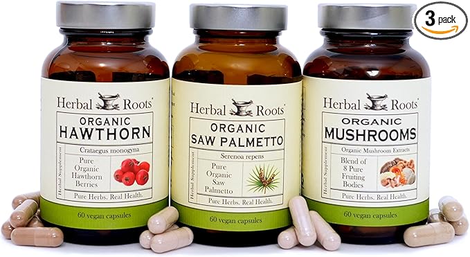 Men's Health Supplement Bundle, Natural Saw Palmetto, Mushroom Blend, Hawthorn, Heart and Prostate Support