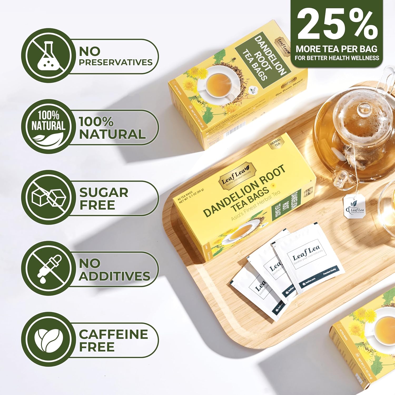 LeafLea 120 Dandelion Root Tea Bags, Dandelion Tea Promotes Healthy Digestion & Immune Function, 100% Natural and Pure from Dandelion Root Herbal Tea, Caffeine-Free, Sugar-Free, Vegan, Pack of 3