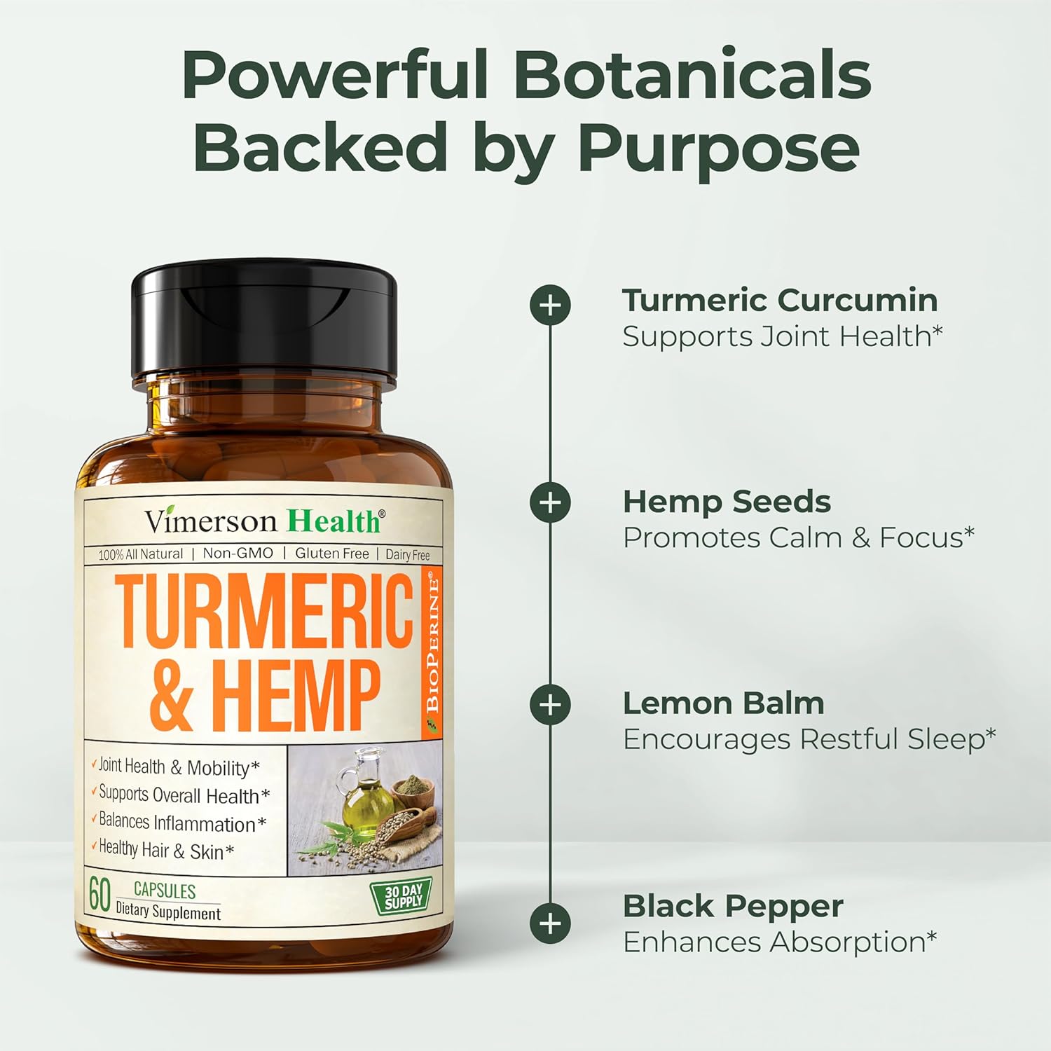 Turmeric Curcumin Supplement with Hemp Seeds & Lemon Balm Extract – Joint Health & Mobility – Calm Mood & Restful Sleep – with Black Pepper for Absorption – Joint Supplement for Men & Women - 2 Pack