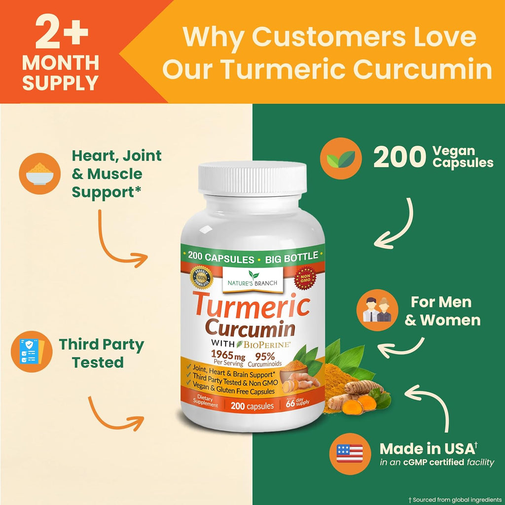 Turmeric Curcumin with Black Pepper - Organic Turmeric Powder - 200 Capsules - 1965mg Extra Strength, Joint Support Supplement - High Absorption, BioPerine Extract, High Potency, Vegan - Made in USA
