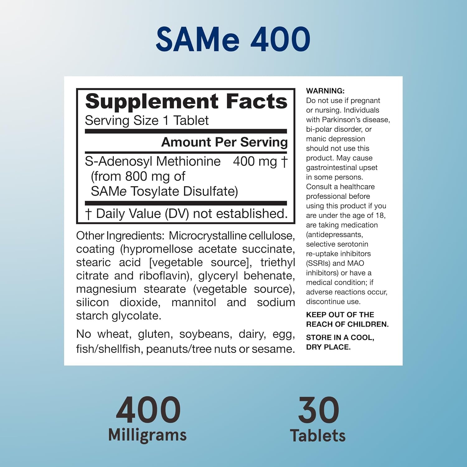 Jarrow Formulas® SAMe 400 mg, Supports Joint Health, Liver Function, Brain Metabolism, 30 Tablets, Up To a 30 Day Supply