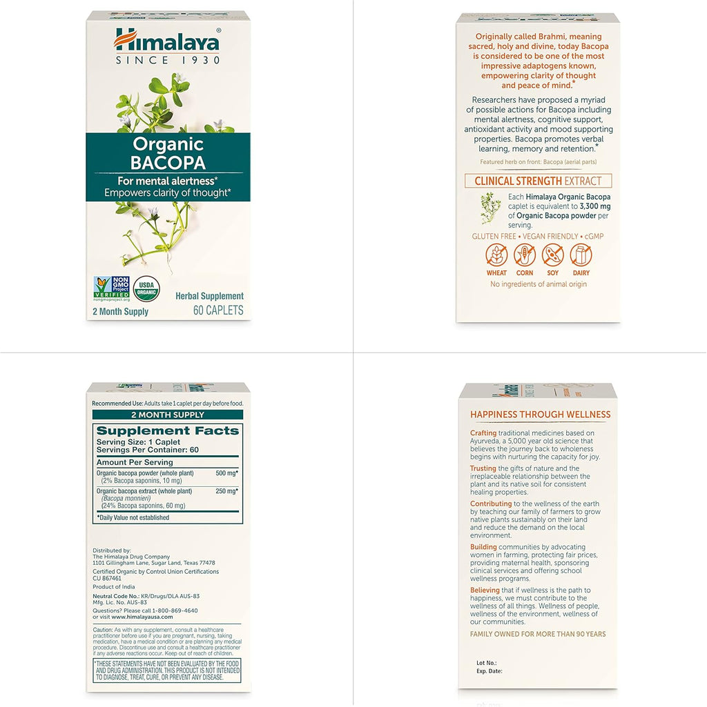 Himalaya Organic Bacopa Monnieri Nootropic Herbal Supplement, Supports Calm, Memory, Cognition, USDA Certified Organic, Non-GMO, 750 mg, 60 Plant-Based Caplets, 60 Day Supply