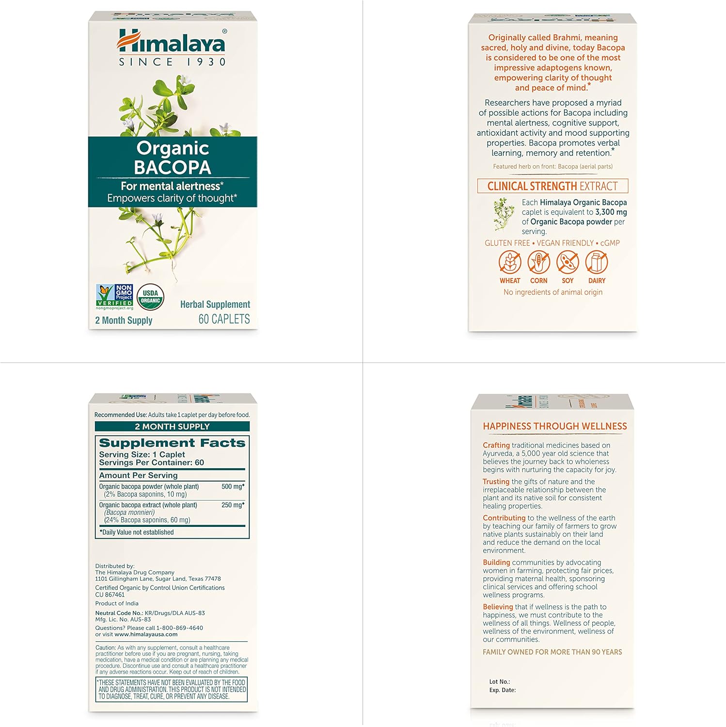 Himalaya Organic Bacopa Monnieri Nootropic Herbal Supplement, Supports Calm, Memory, Cognition, USDA Certified Organic, Non-GMO, 750 mg, 60 Plant-Based Caplets, 60 Day Supply