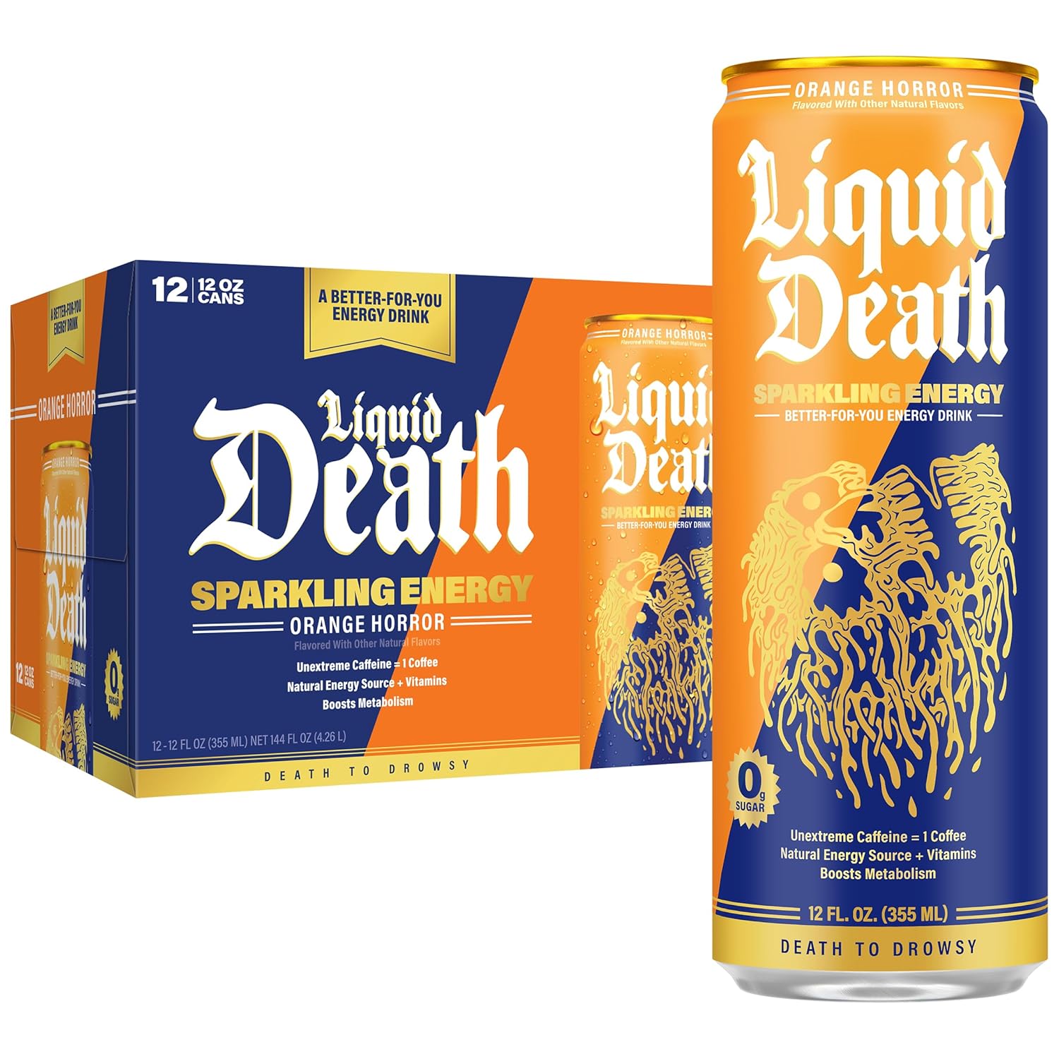 Liquid Death Sparkling Energy - Orange Horror (Orange and Cream Flavor), Sugar-Free Energy Drink, Unextreme Caffeine 100mg, B Vitamins, 12 Fl Oz (Pack of 12)