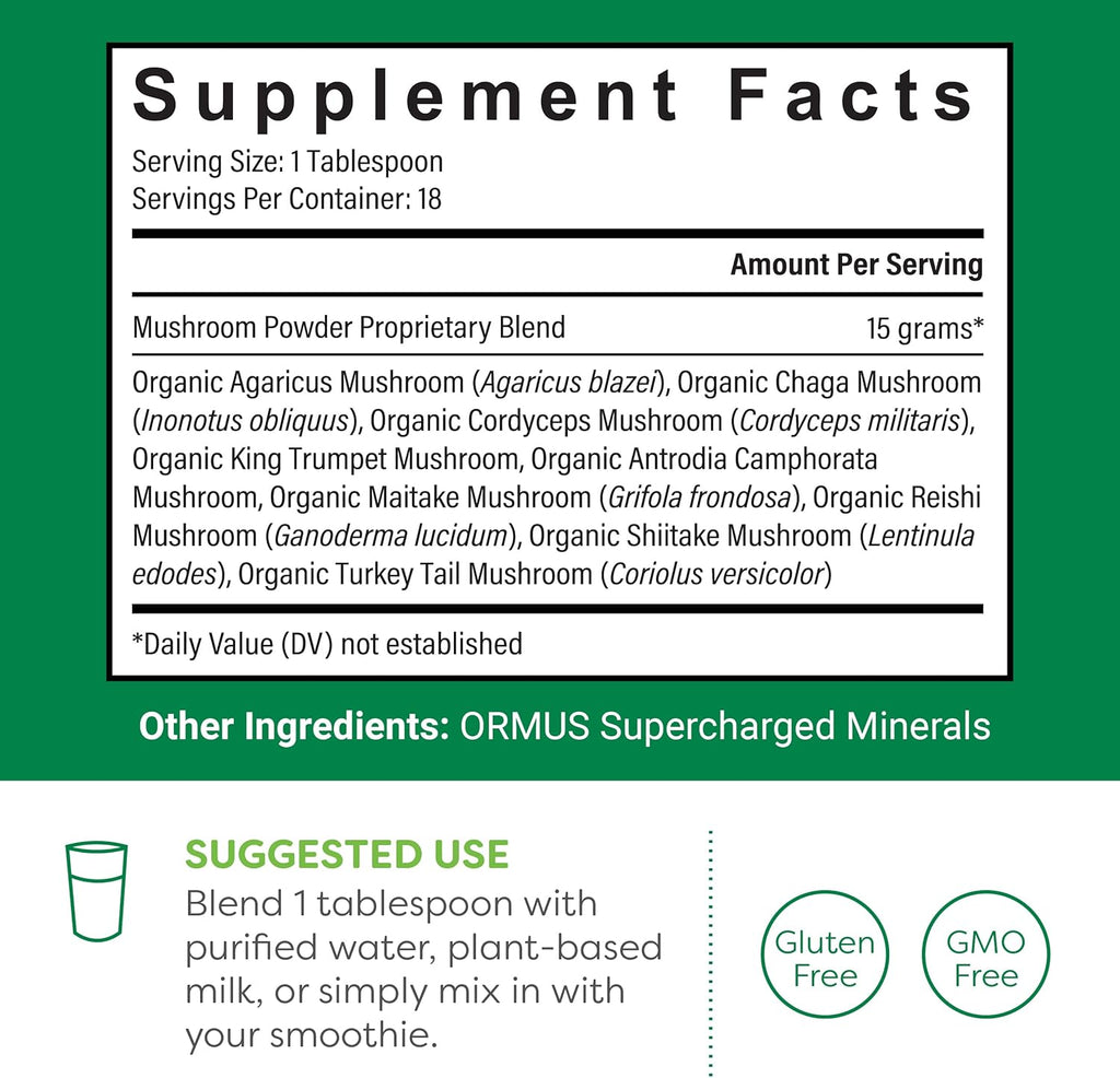Global Healing Organic Mushroom Powder Supplement Blend 9.5 Ounces - Cordyceps, Chaga, Reishi, Turkey Tail Mushroom for Immune and Gut Health - Nootropic Focus Supplement Superfood