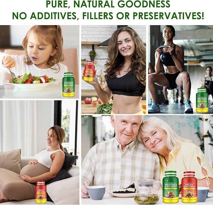 Fiber Fruit and Veggies Supplement, Natural Fruits and Vegetables Supplements Whole Superfood Vitamins & Minerals-90 Veggie and 90 Fruit Capsules for Enhance Immunity, Balanced Gut, Energy Levels
