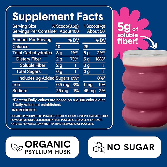 Bellway Super Fiber Powder + Fruit, Sugar Free Organic Psyllium Husk Powder Fiber Supplement for Regularity, Bloating Relief & Digestive Health, Plant-Based, Wild Berry (50 Servings)