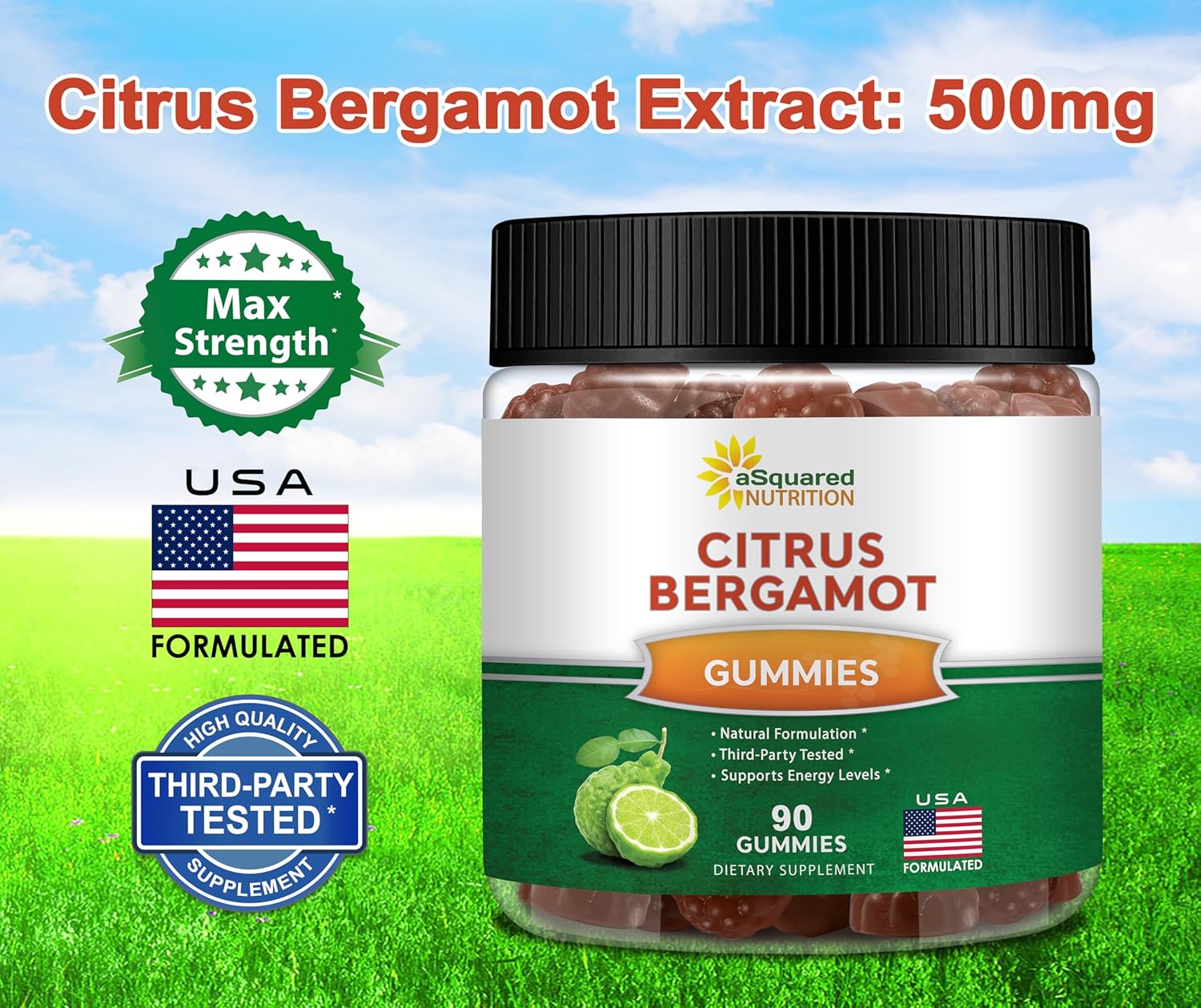 aSquared Nutrition Citrus Bergamot Gummies - Citrus Bergamot Extract Supplement 500mg Per Serving - Pure Gummy Alternative to Capsules & Pills
