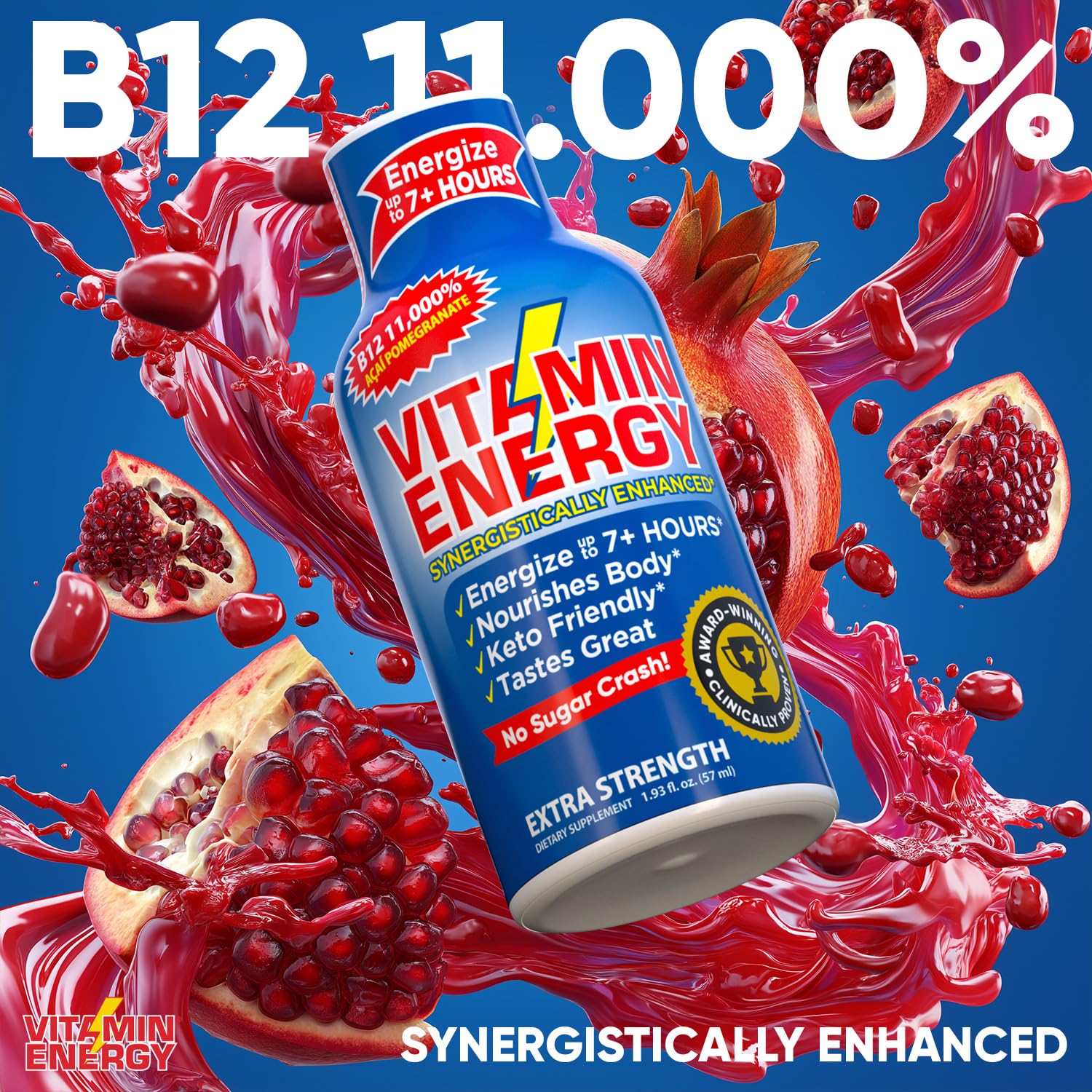 Vitamin Energy B12 11,000% Extra Strength Energy Shot Açaí Pomegranate 48 Pack, 260mg Natural Caffeine, B12 & B6, Nootropic Focus, Vitality, Zero Sugar, Gluten-Free, Vegan, Kosher, 1.93 fl oz