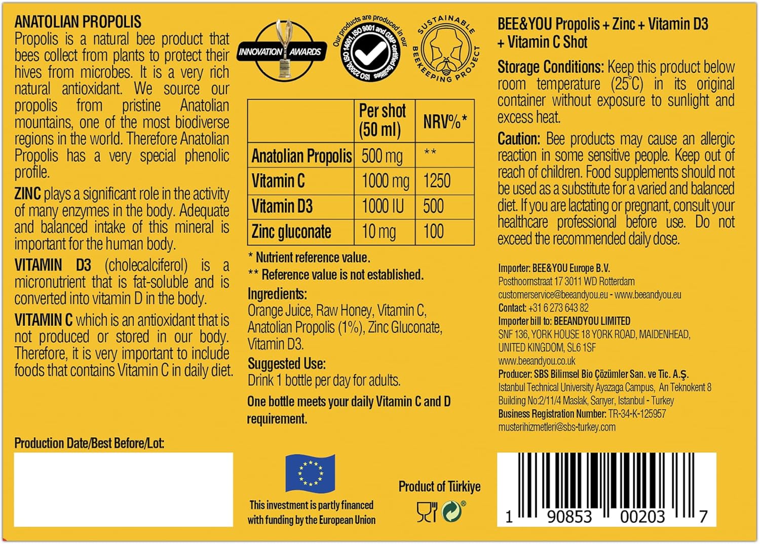 BEE and You Immune Support 100% Natural Propolis Shot Supplement, Antioxidants, Vitamin C, VIT D3, Zinc, Orange Juice, Raw Honey, 1.69 fl. oz x 12 Bottles