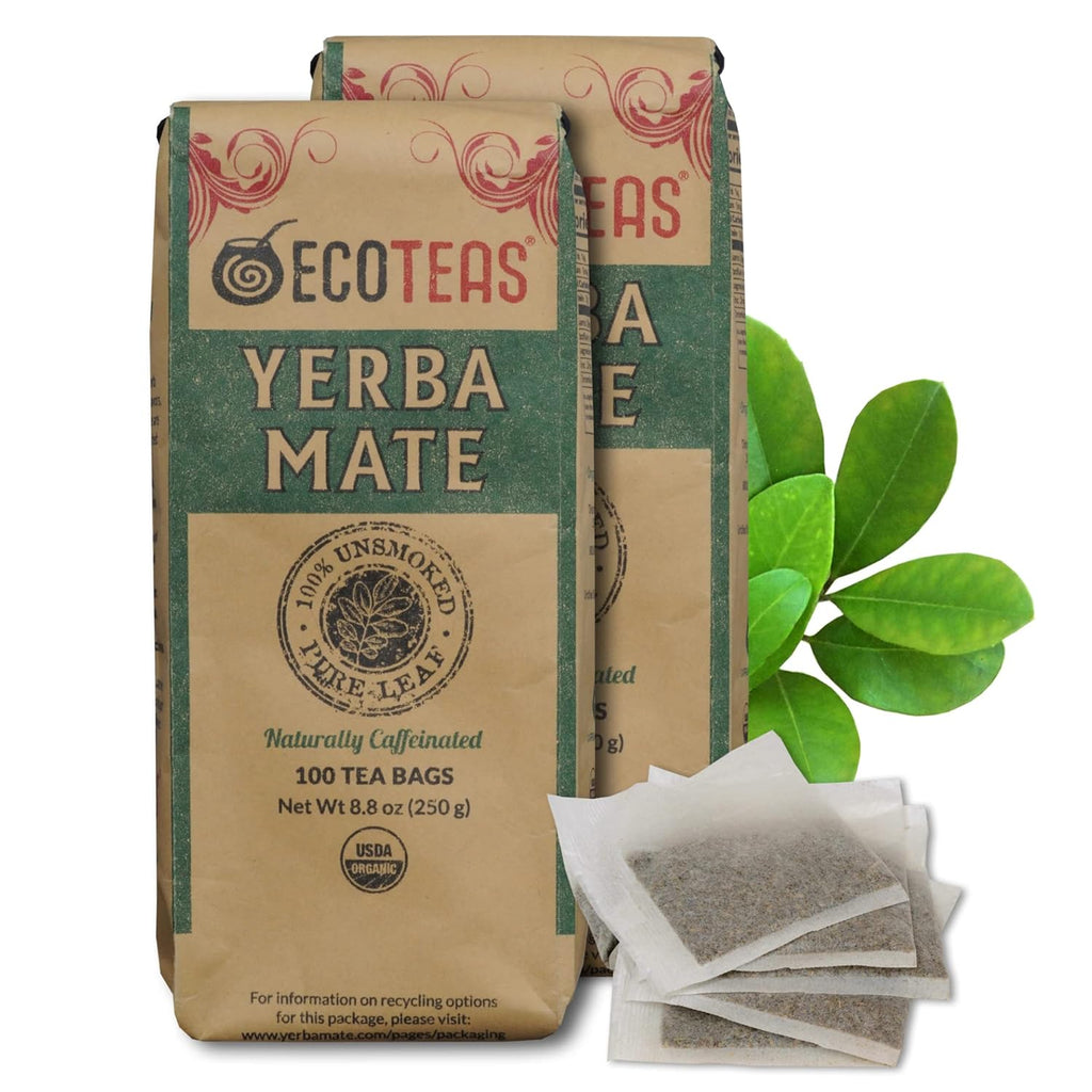 ECOTEAS Premium Organic Yerba Mate Tea Bags – Natural Energy & Detox Herbal Tea – Coffee Alternative - Kosher, Non-GMO, Gluten-Free - 100 Unsmoked Bulk Bags, 8.8 oz (Pack of 2)