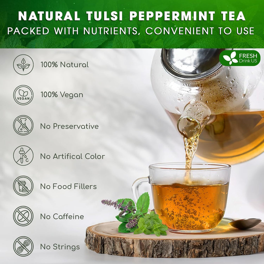 FreshDrinkUS, Premium Tulsi Peppermint Herbal Tea – 55 Tea Bags, 100% Natural, Blend of Tulsi Holy Basil Leaves, and Peppermint Leaves. Made with Natural Material Tea Bags. No Sugar, Vegan.