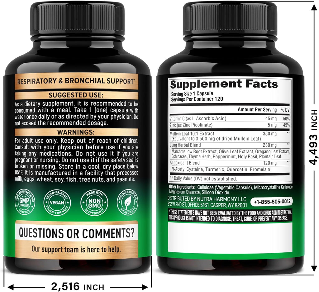 Mullein Leaf Extract for Lung Detox - Marshmallow Root | Echinacea | Oregano | Quercetin | NAC - 15-in-1 Lung Support & Cleanse for Smokers Supplement - Made in USA - As Drops, Tincture - 120 Capsules