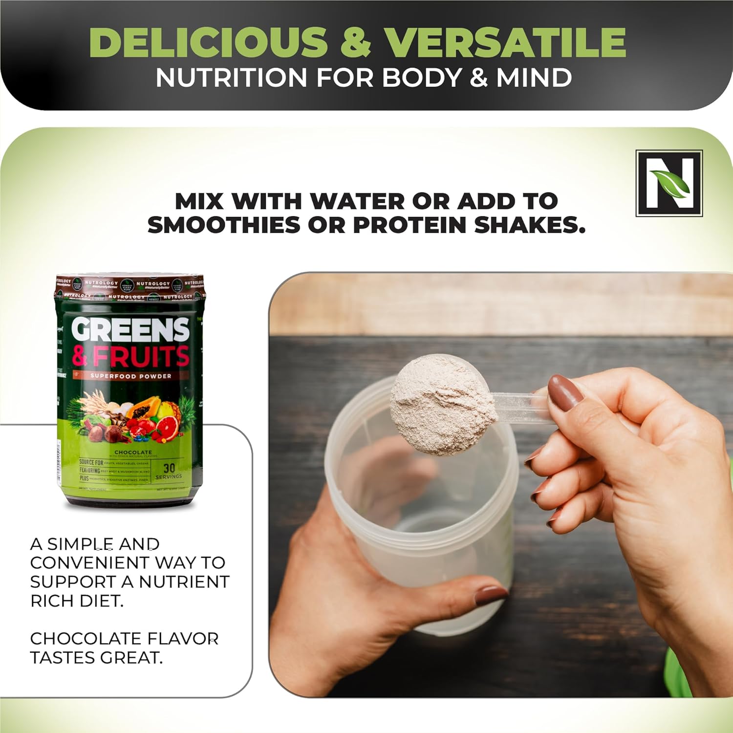 Nutrology Greens & Fruits Powder-Naturally Sourced Fruits, Vegetables, Beet Powder & Mushroom Blend, Probiotics, Digestive Enzymes, Fiber, Antioxidants, Immune Support, Gluten Free - Chocolate