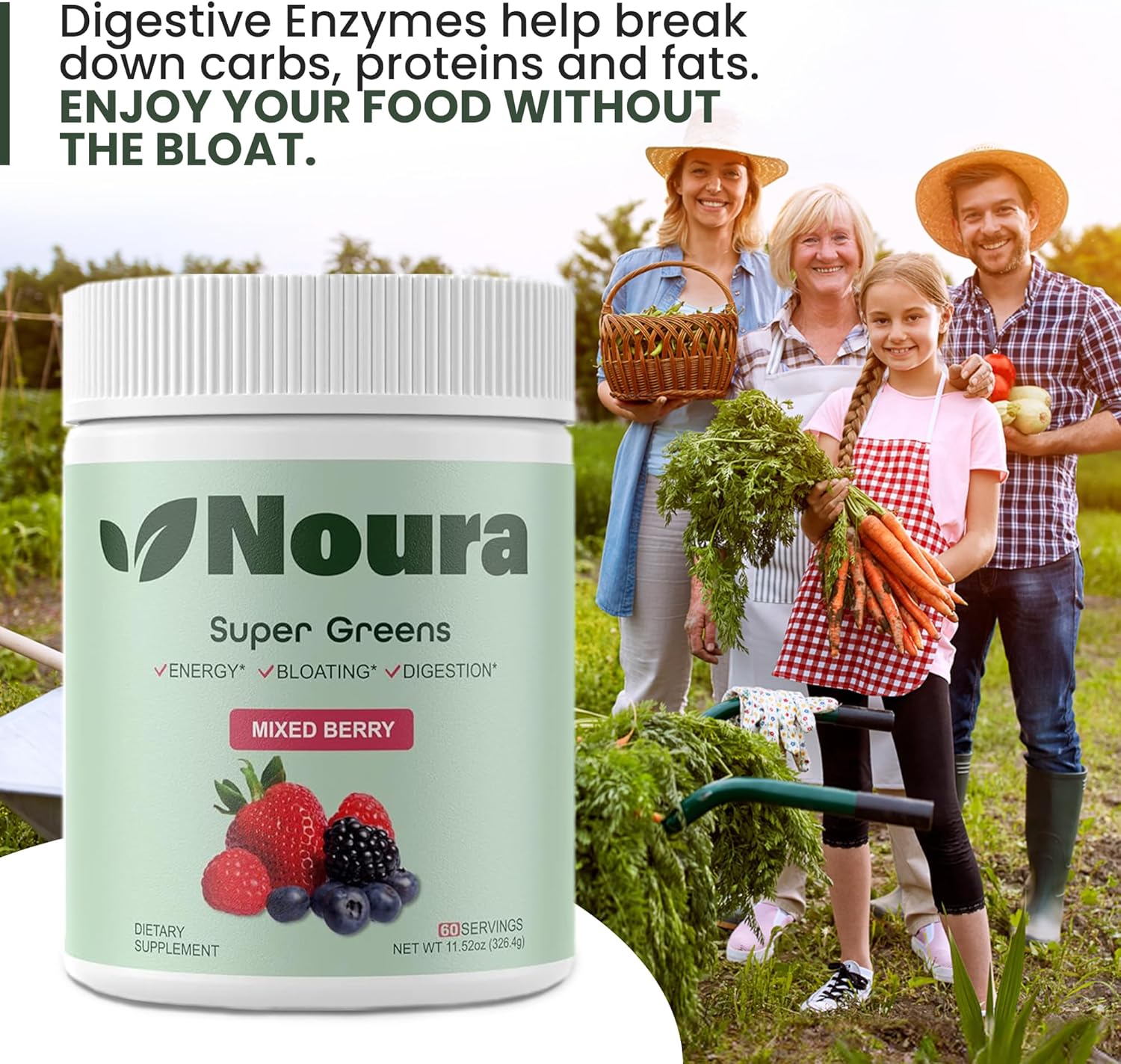 Super Greens Powder, 60 Servings - Immunity, Digestive Enzymes & Probiotics for Energy, Gut Health, Bloating Relief for Women - Greens Superfood Powder - Mixed Berry
