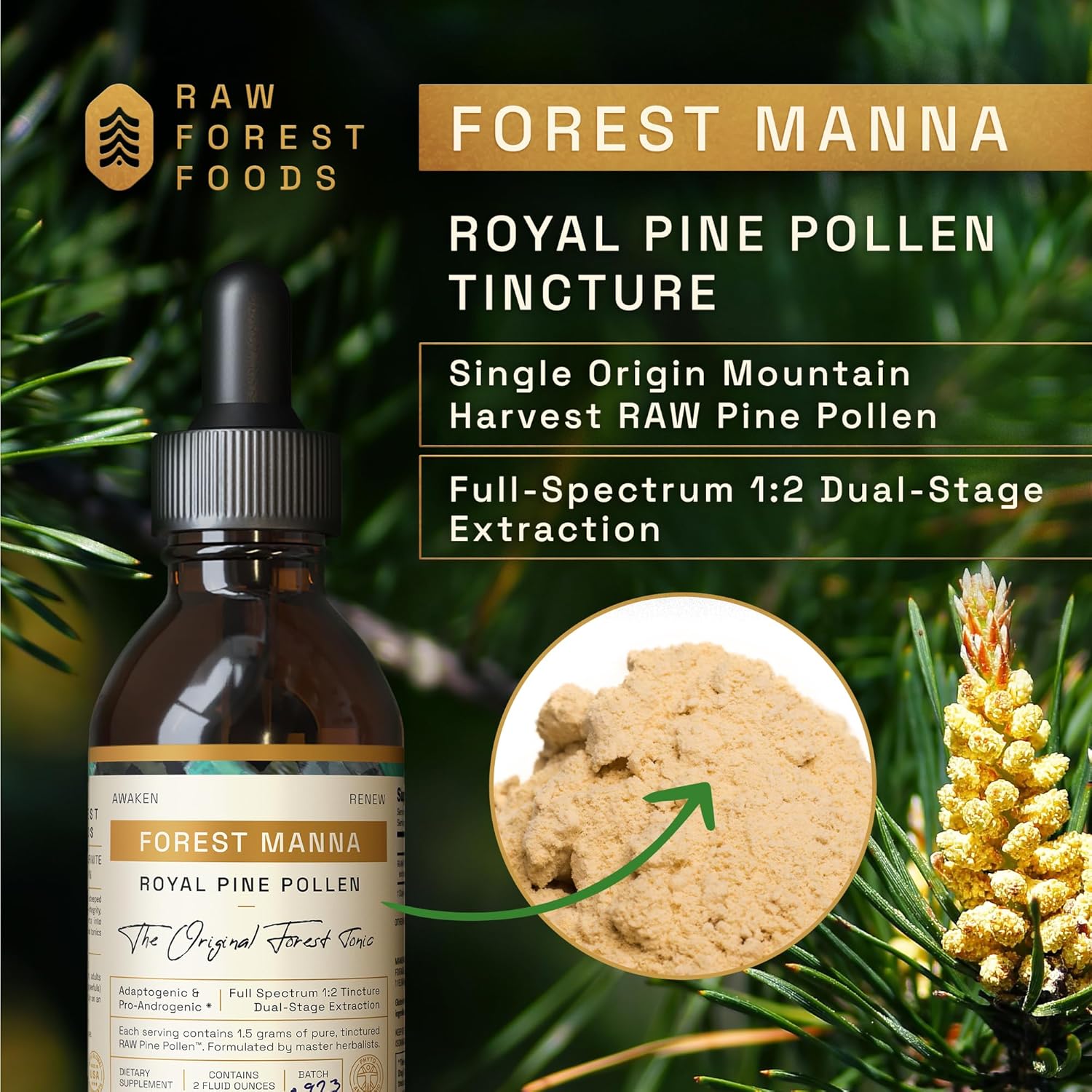 Forest Manna Royal Pine Pollen Tincture – 1:2 True Dual-Stage Extraction – Pure Pine Pollen – Only from 2 Fl Ounce Bottle