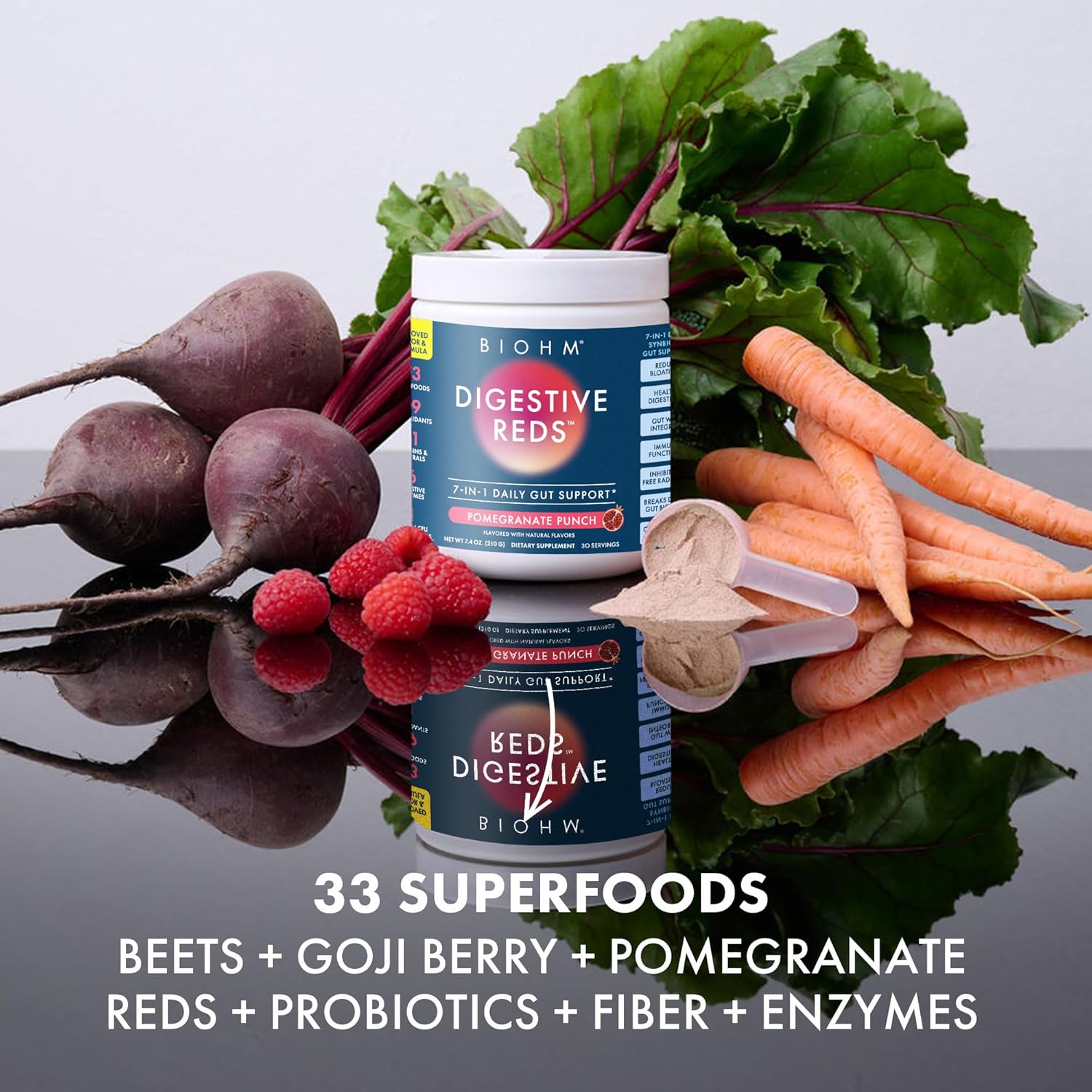 BIOHM Digestive Reds, Superfood Powder (7.4 Oz, 30 Servings) Antioxidants, Vitamins, Probiotics, Digestive Health for Women and Men with Enzymes, Beets, Goji, Pomegrante, Red Berry Flavor