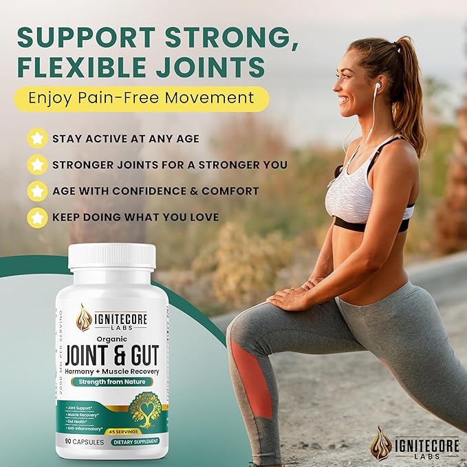Organic Joint & Gut Harmony – Turmeric, Ginger, Collagen, Magnesium & Probiotics Blend – Plant-Based Daily Supplement – 90 Vegetable Capsules Made for General Well-Being and Everyday Support