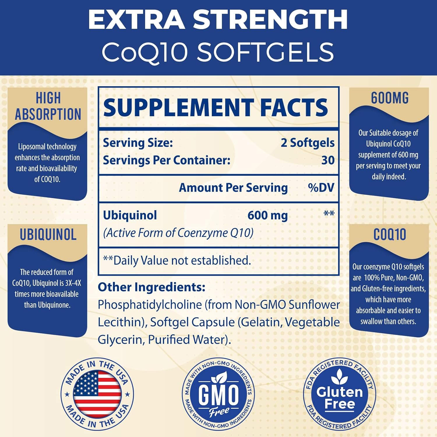 Liposomal CoQ10 Ubiquinol 600mg Softgels | Superior Absorption Ubiquinol CoQ10 Supplement | Powerful Active Antioxidant Form of Coenzyme Q10 | Heart Function & Energy Production | 120 Softgels