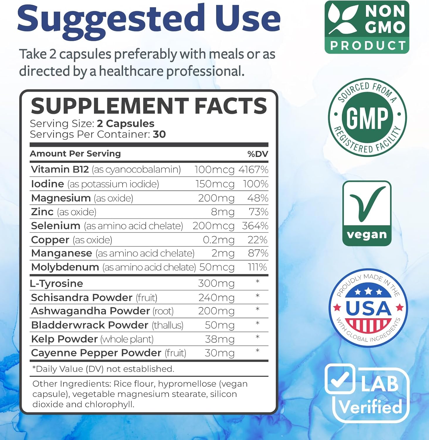 Thyroid Support with Iodine (Non-GMO) Improve Your Energy & Mood - Metabolism Booster Thyroid Health Supplement for Women and for Men - Ashwagandha, Zinc, B12 Complex - 60 Capsules