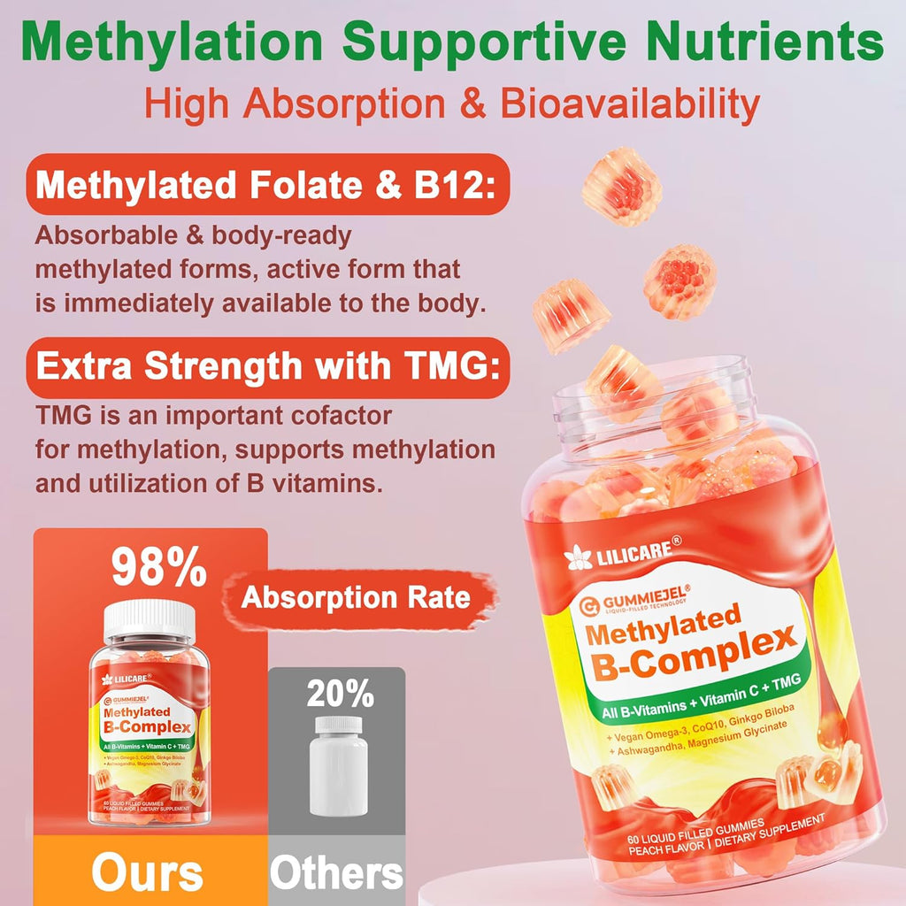 Women's & Men's Super Vitamin B Complex Filled Gummies, Methylated w/Omega 3, Magnesium,CoQ10, Ashwagandha,Vitamin C, TMG, Sugar Free - 60 Count (Pack of 2)