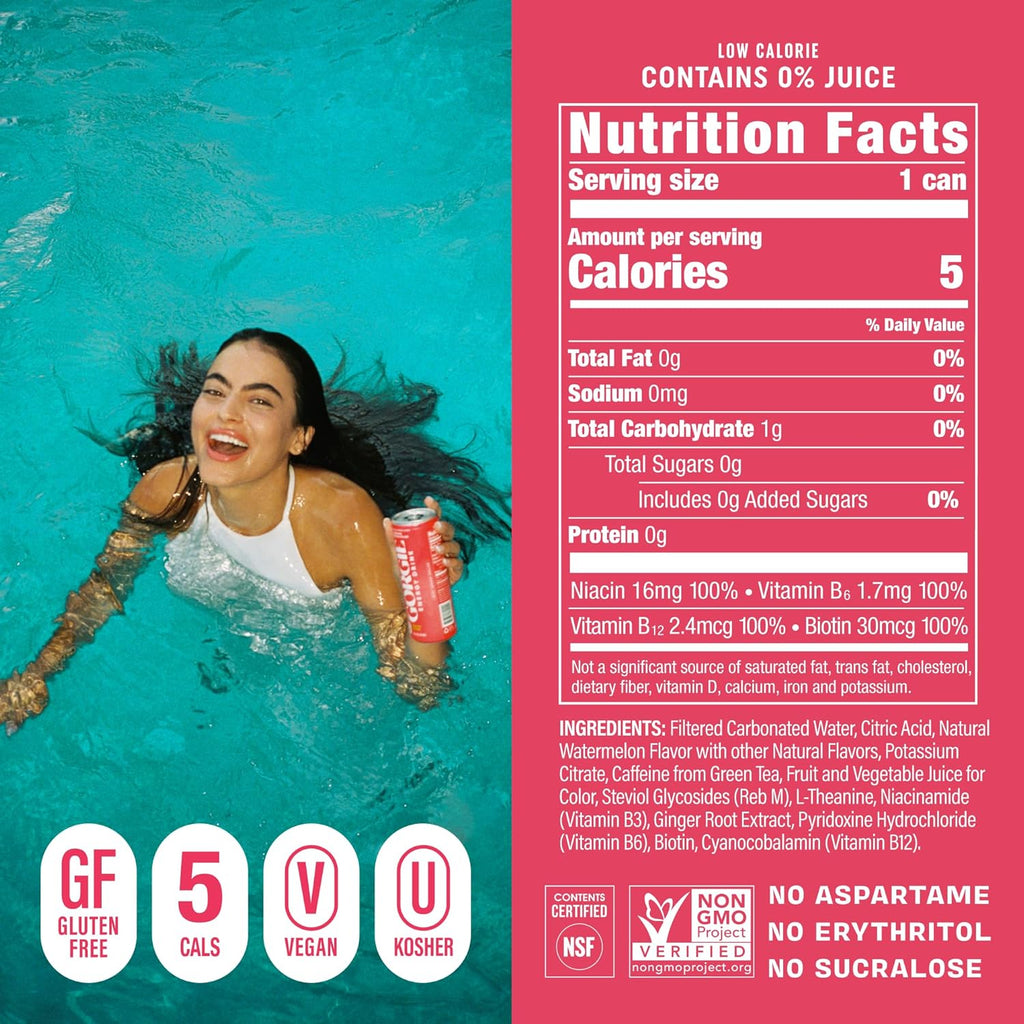 GORGIE Sugar Free Natural Energy Drinks, Sparkling Watermelon Crush (12 Pack) - Healthy Energy Drink - Natural Coffee Replacement with Green Tea Caffeine and Biotin, 150mg Caffeine, Vegan, Low Calorie