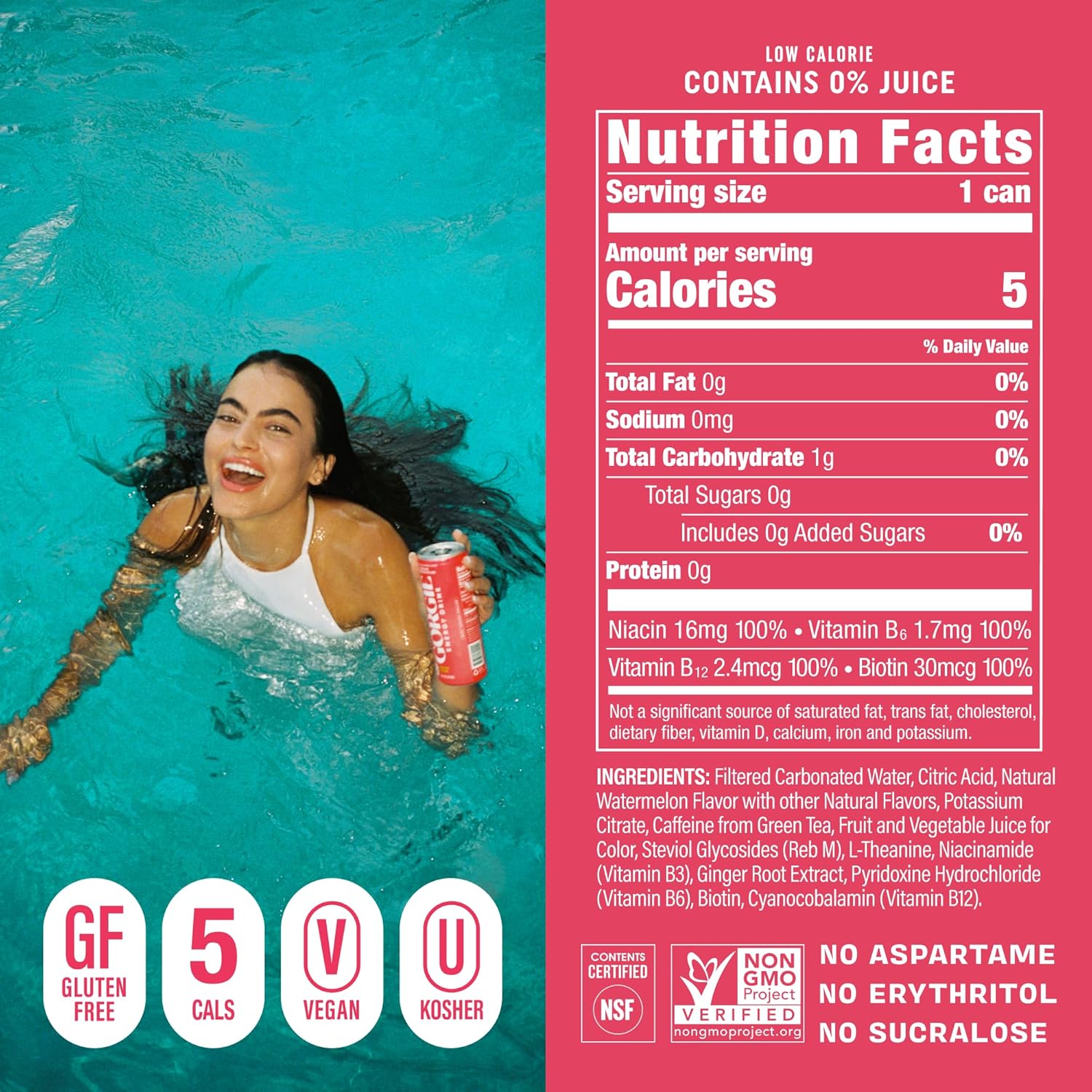 GORGIE Sugar Free Natural Energy Drinks, Sparkling Watermelon Crush (12 Pack) - Healthy Energy Drink - Natural Coffee Replacement with Green Tea Caffeine and Biotin, 150mg Caffeine, Vegan, Low Calorie