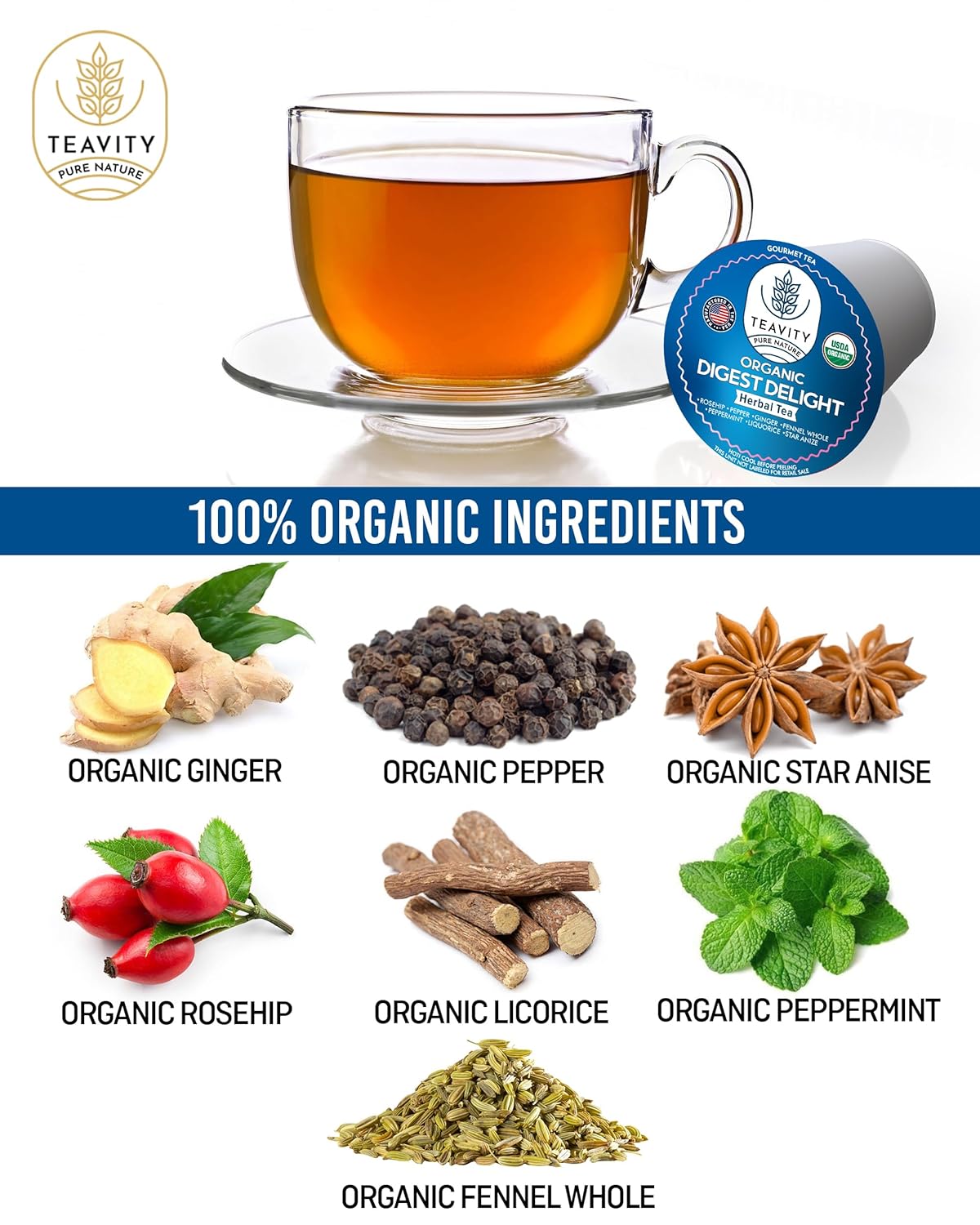 Organic Tea Pods with Ginger, Peppermint, Fennel, Licorice, & Rosehip Digest Delight by Teavity (36 Tea Pods)