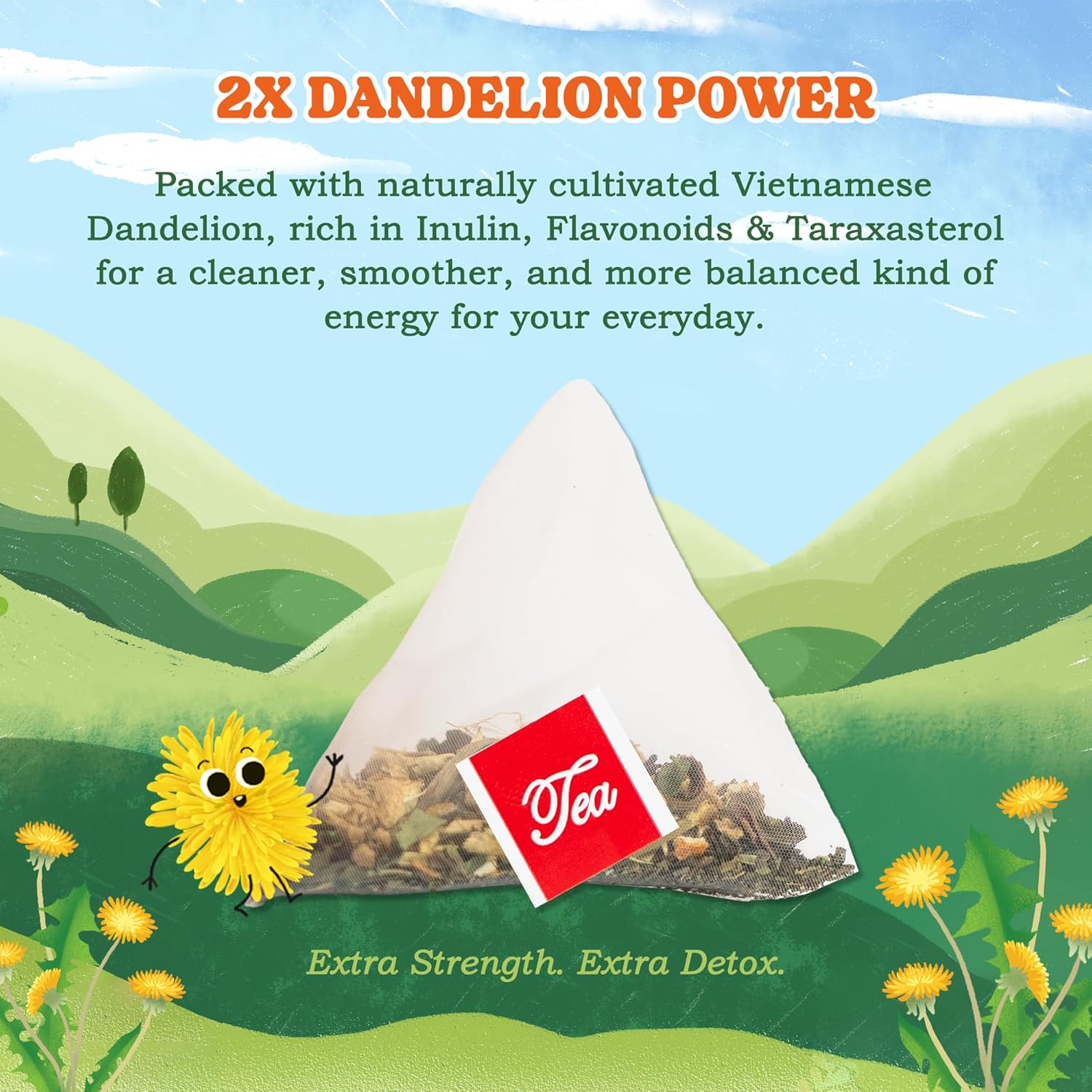 LoveinTea Dandelion Herbal Tea Bags, Detox Tea, 100% Natural Vietnamese Dandelion Blend, Caffeine-Free, Plant-Based Pyramid Bags, 30 Count