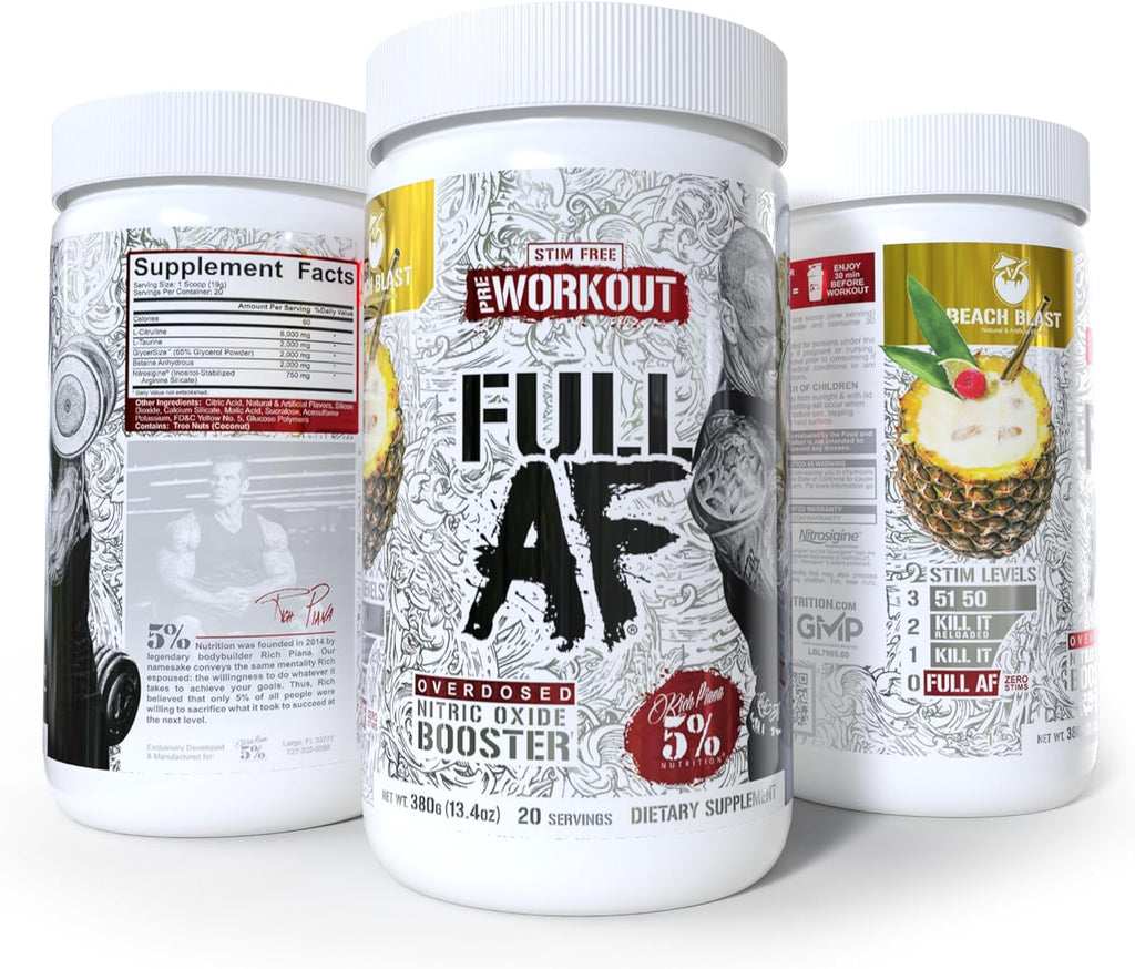 5% Nutrition FullAF Pre-Workout | Stim-Free with Massive Pumps | L-Citrulline, L-Taurine, Nitrosigine, GlycerSize (Beach Blast)