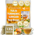 FreshDrinkUS, Premium 135 Tulsi Turmeric Ginger Tea Bags, 100% Natural & Pure from Tulsi Holy Basil Leaves, Turmeric and Ginger. Made with Natural Material Tea Bags. No Sugar, No Caffeine, Vegan.