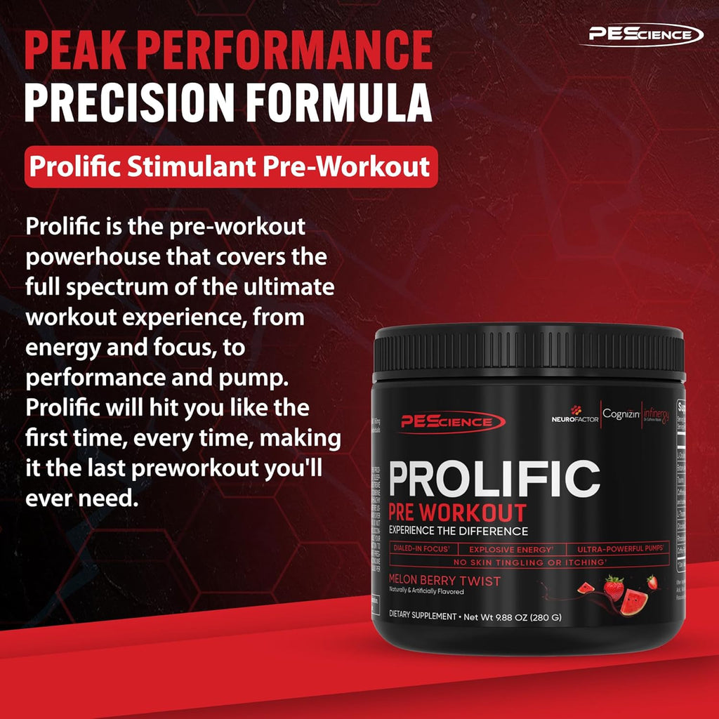 PEScience Prolific Pre Workout Powder for Men & Women with L-Citrulline, Nitric Oxide Booster, Energy Powder & Nootropic for Focus – Preworkout Without Beta Alanine – 40 Scoops, Melon Berry Twist