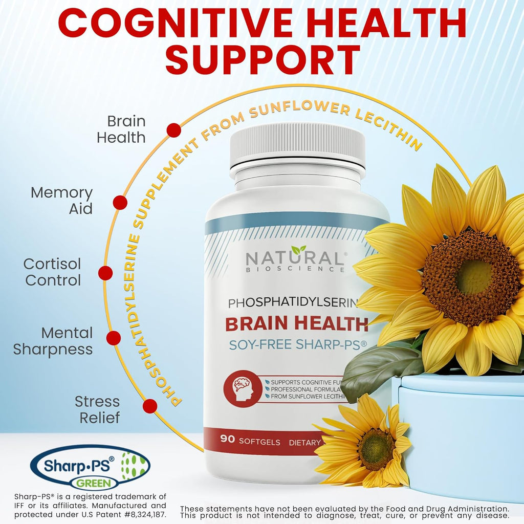 Soy Free Phosphatidylserine 100mg Softgel - PS Supplement Boosts Memory, Focus, Problem Solving, Cortisol Control. Natural Sunflower Lecithin, Patented Sharp PS-Green. Non-GMO, 60 Softgels