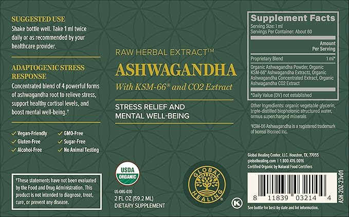 Global Healing Center - Organic Ashwagandha Supplements Drops - KSM-66 Ashwagandha Extra Strength for Men & Women, Helps Promote Relief from Stress, Mood Support, Organic (2 Fl Oz)