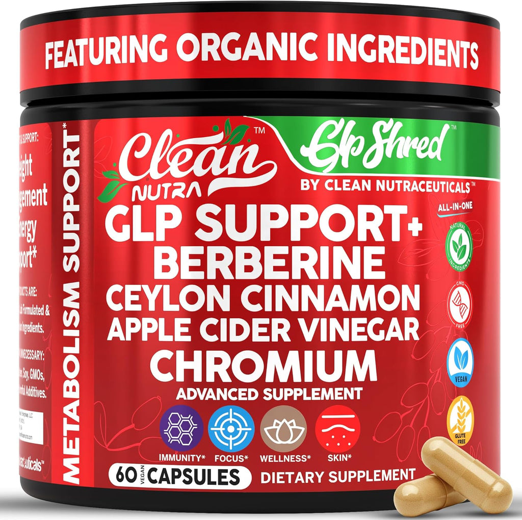 GLP1 Supplement Berberine Ceylon Cinnamon Apple Cider Vinegar Chromium Turmeric PCOS Supplements Immunity & Metabolism Support 60 Vegan Capsules by Clean Nutra