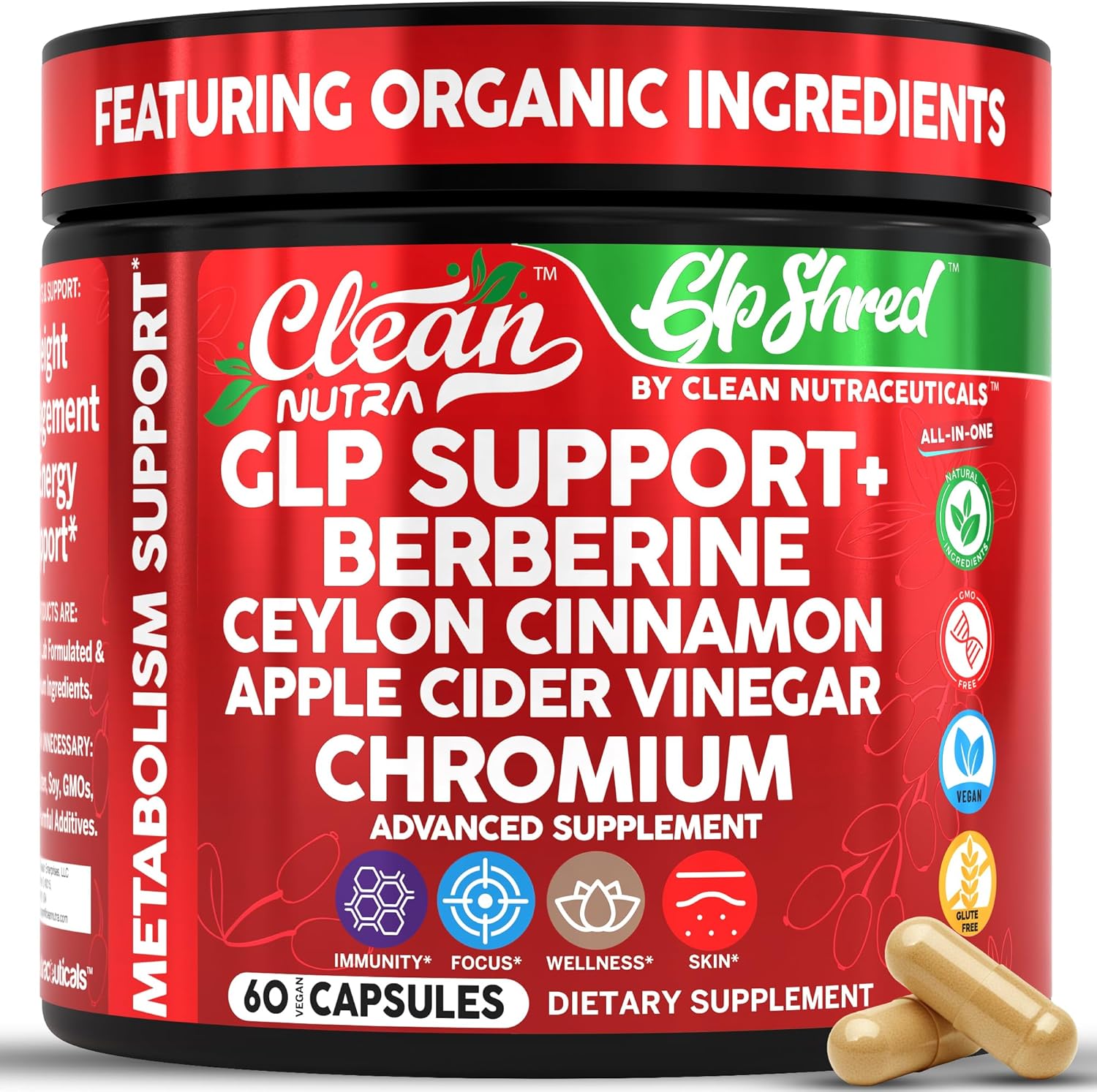 GLP1 Supplement Berberine Ceylon Cinnamon Apple Cider Vinegar Chromium Turmeric PCOS Supplements Immunity & Metabolism Support 60 Vegan Capsules by Clean Nutra
