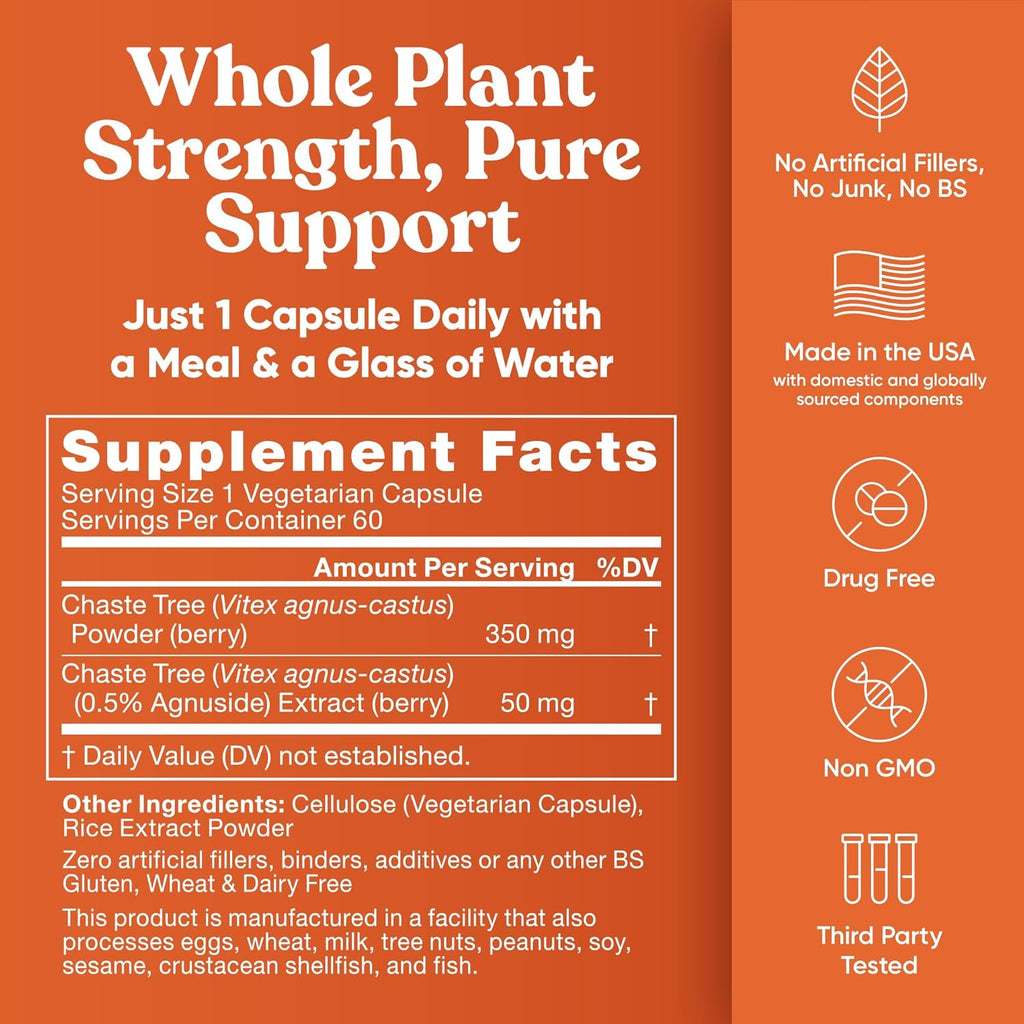 Vitex Pure 400 Mg Chasteberry – Natural PMS Support, Balance Hormones, Regulate Cycle, Promote Skin Health – Full-Spectrum & Standardized – 60 Vegan Soft Capsules