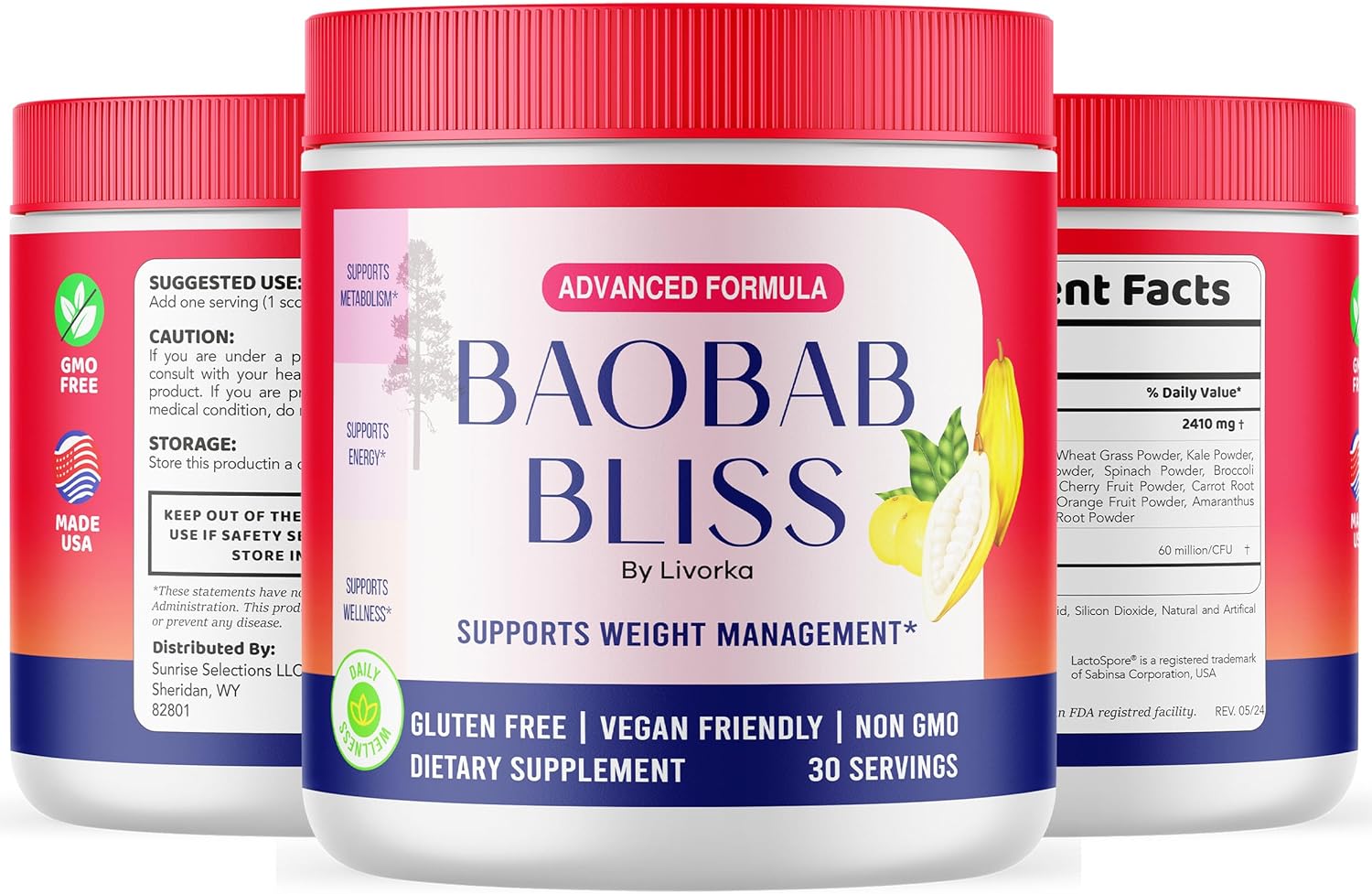 Baobab Bliss, All Natural Fiber Organic Fruit Powder Supplement, 60 Servings for 2 Months (Pack of 2)
