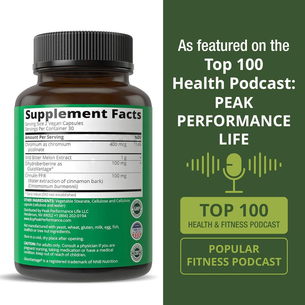 Ultra High Strength 4-In-1 Super Berberine Patented GlucoVantage + Wild Bitter Melon + Cinnamon Extract + Chromium Picolinate Vegan Capsules. Great Supplement to Support After-Meal Spikes and Energy