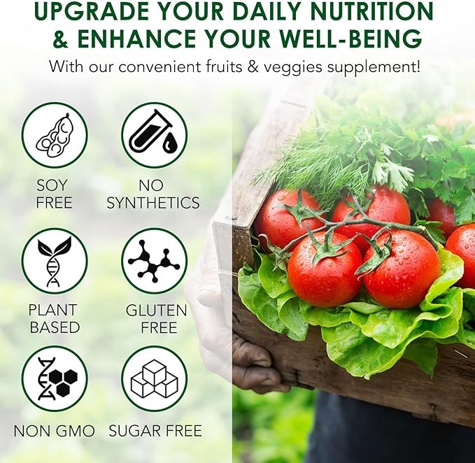 Fiber Fruit and Veggies Supplement, Natural Fruits and Vegetables Supplements Whole Superfood Vitamins & Minerals-90 Veggie and 90 Fruit Capsules for Enhance Immunity, Balanced Gut, Energy Levels