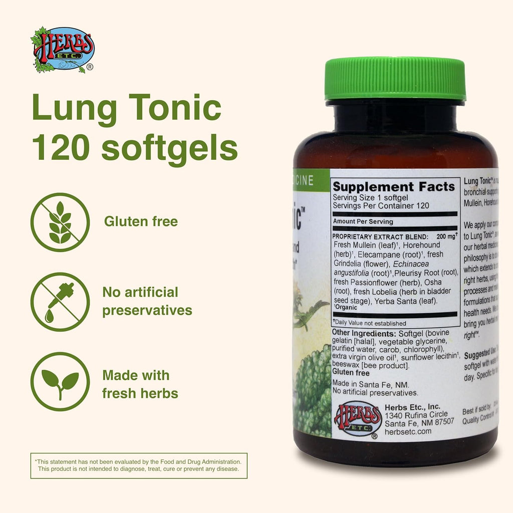 Herbs Etc. Lung Tonic - Lung Supplement for Bronchial Support - Healthy Breathing Support with Mullein, Horehound & Grindelia - 120 Softgels