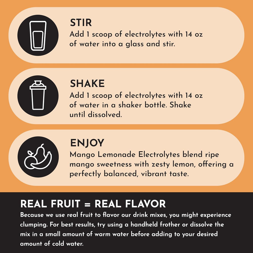 JUST INGREDIENTS Mango Lemonade Electrolyte Drink Mix - Coconut Water, Sea Salt, Trace Minerals - 30 Servings